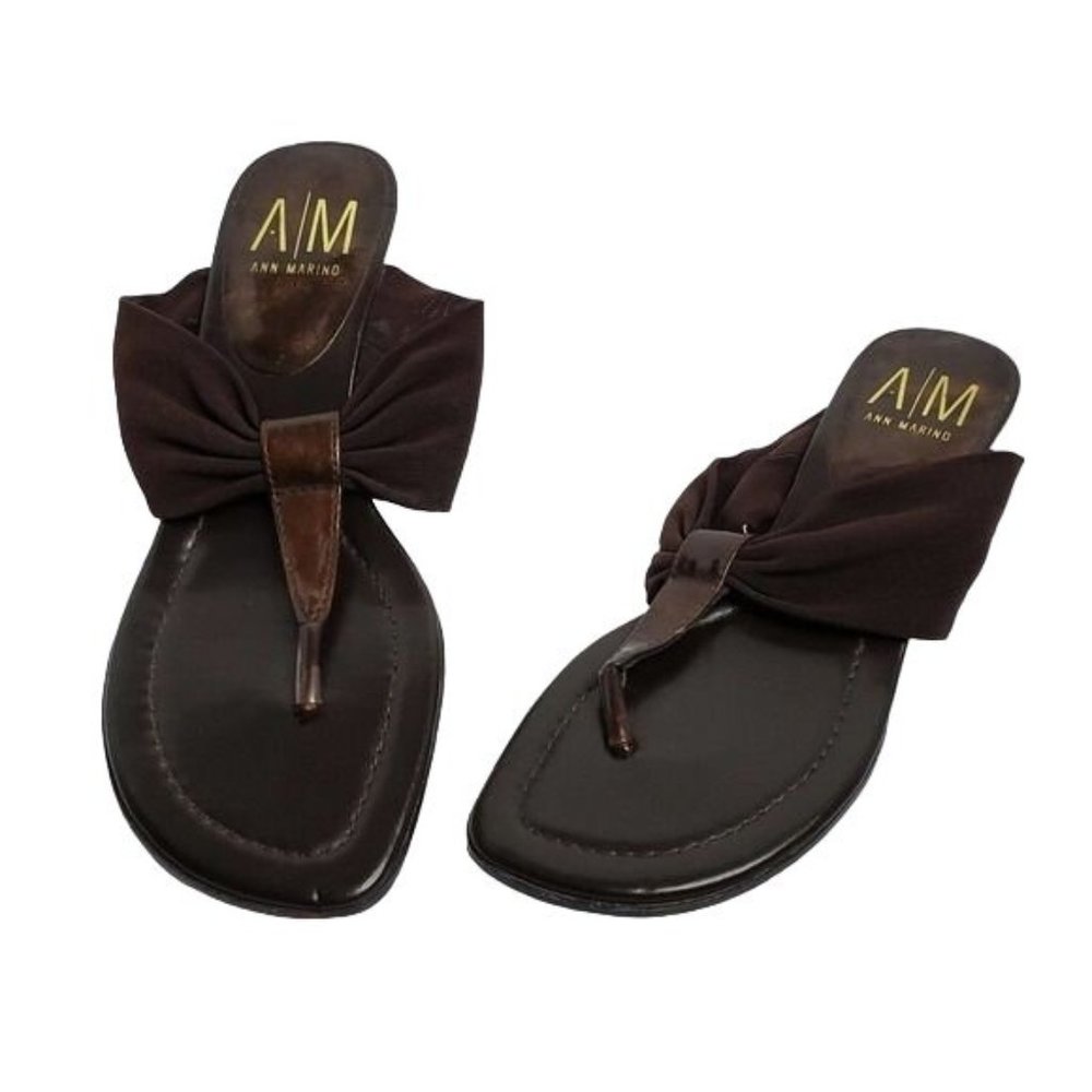 Ann Marino Leather Sandals Womens 7M Brown Mesh Kitten Heel Thong Minimalist